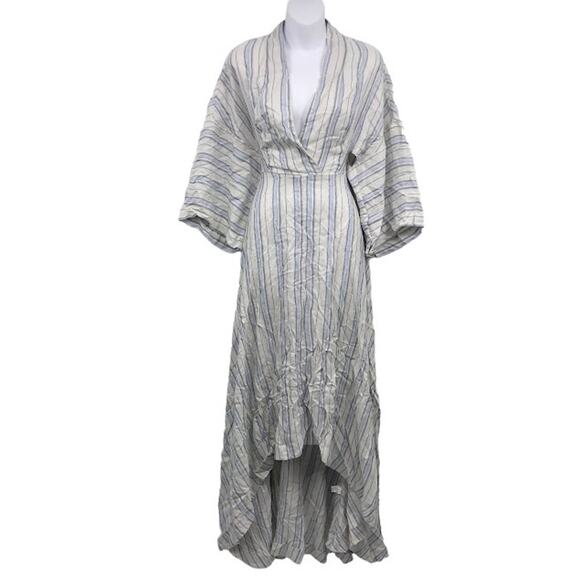 Co High Low Dress L Stripe V-Neck Short Sleeve Pocket Linen Blend Relaxed Maxi - Picture 1 of 7